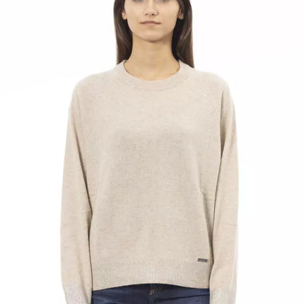 Elegante suéter de cuello de la tripulación beige para mujeres