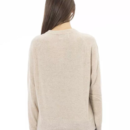 Elegante suéter de cuello de la tripulación beige para mujeres