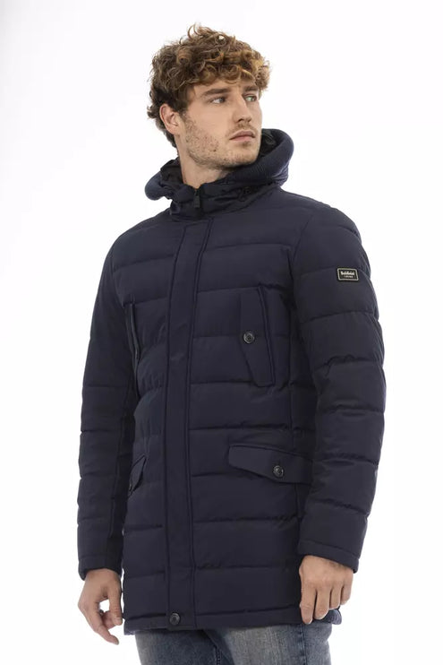 Elegant Blue Hooded Jacket met monogramdetail