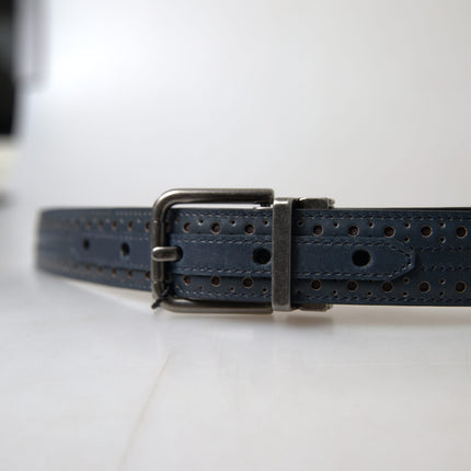 Elegant Blue Leather Belt with Metal Buckle