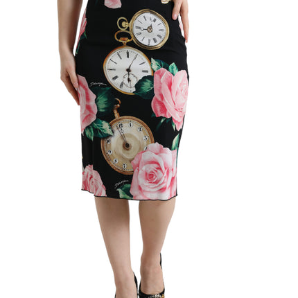 High Taille Silk Pencil Midi Rok met bloemenprint