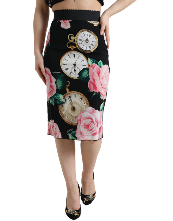 High Taille Silk Pencil Midi Rok met bloemenprint