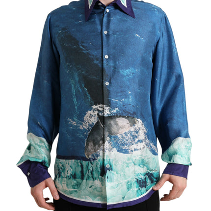 Elegante camisa de seda con estampado del océano