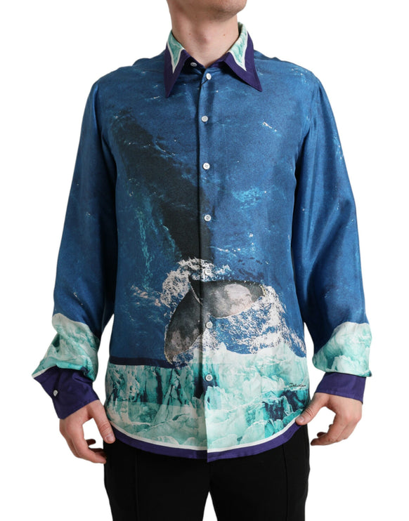 Elegante camisa de seda con estampado del océano