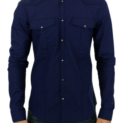 Chic Blauw Geruit Casual Katoenen Shirt