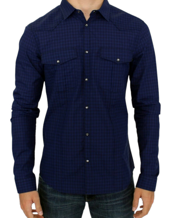 Chic Blauw Geruit Casual Katoenen Shirt