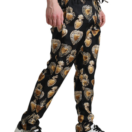 Pantalones de pijama de seda con estampado de corazón elegante