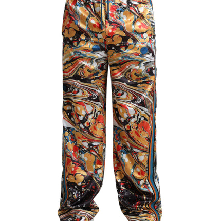 Elegantes pantalones de satén en mármol multicolor