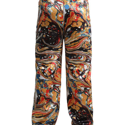 Elegantes pantalones de satén en mármol multicolor