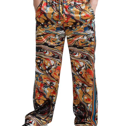 Elegantes pantalones de satén en mármol multicolor