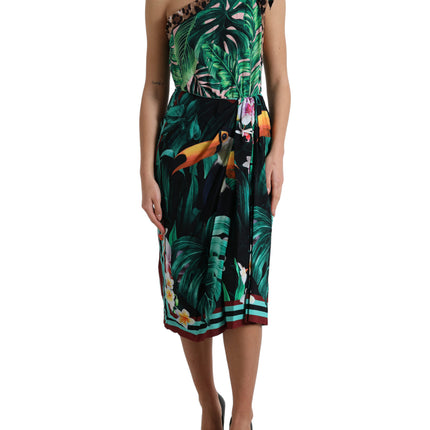 Tropische jungle print one-shoulder jurk