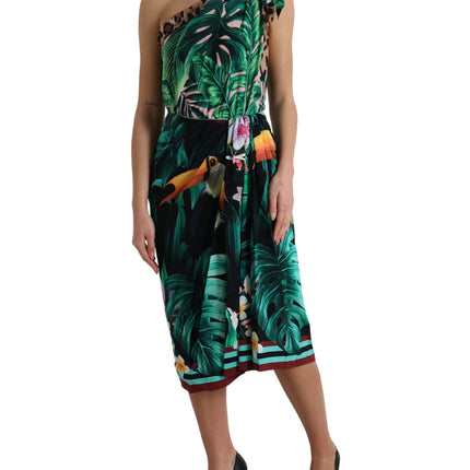 Tropische jungle print one-shoulder jurk