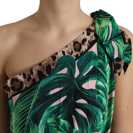 Tropische jungle print one-shoulder jurk