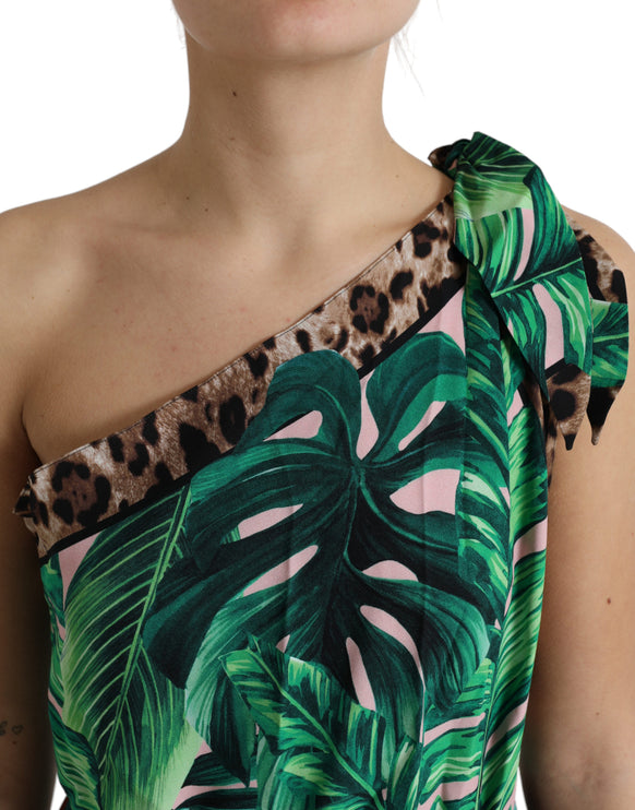 Tropische jungle print one-shoulder jurk