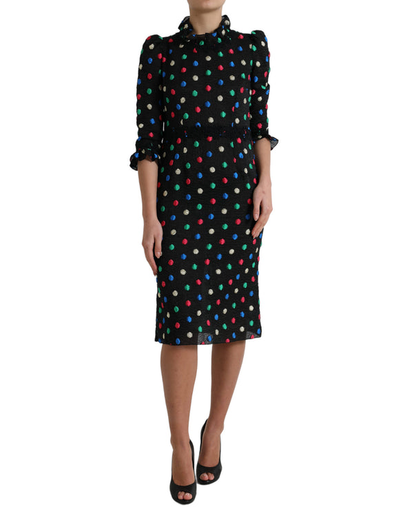 Elegante high necy polka dot midi jurk