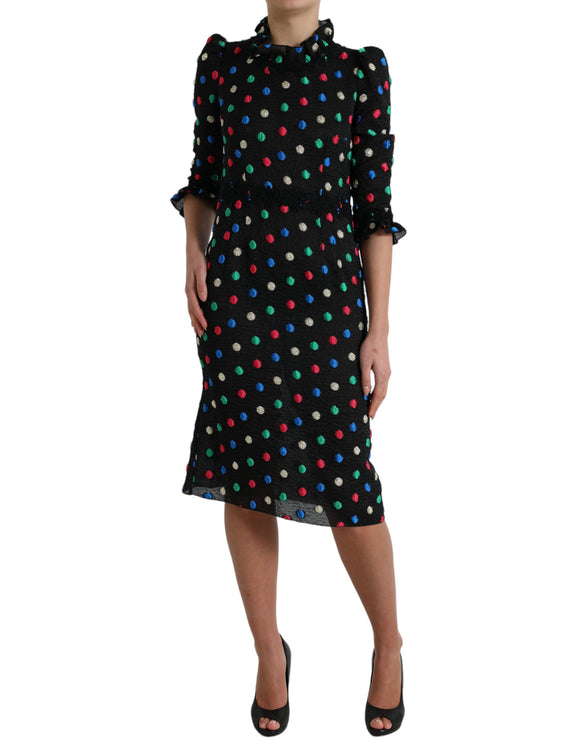 Elegante high necy polka dot midi jurk