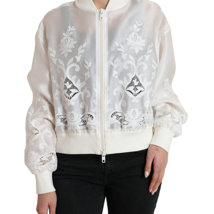 Elegant White Silk Bomber Jacket