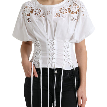 Elegant White Floral Lace-Up Blouse