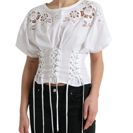 Elegant White Floral Lace-Up Blouse