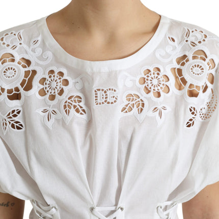 Elegant White Floral Lace-Up Blouse