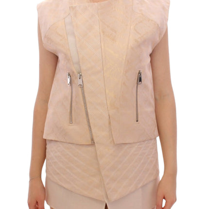 Exquisito chaleco de chaqueta sin mangas de brocado beige