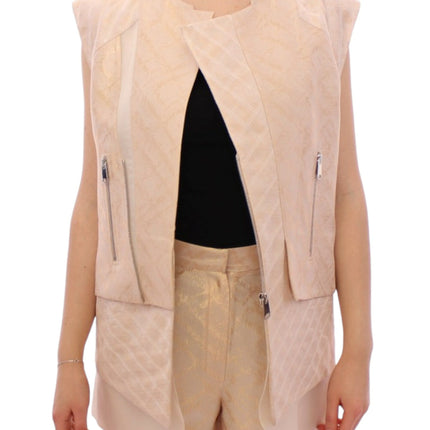 Exquisito chaleco de chaqueta sin mangas de brocado beige