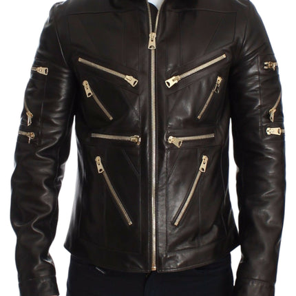 Elegant Brown Gold-Detailed Leather Jacket