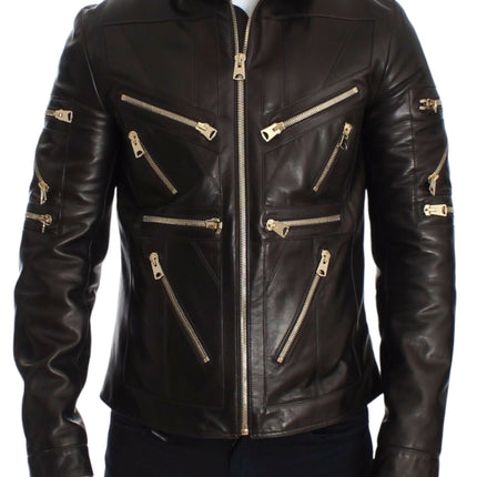 Elegant Brown Gold-Detailed Leather Jacket