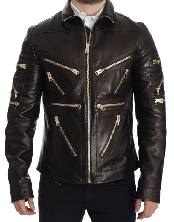 Elegant Brown Gold-Detailed Leather Jacket