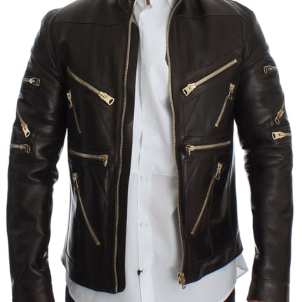 Elegant Brown Gold-Detailed Leather Jacket