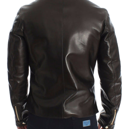 Elegant Brown Gold-Detailed Leather Jacket