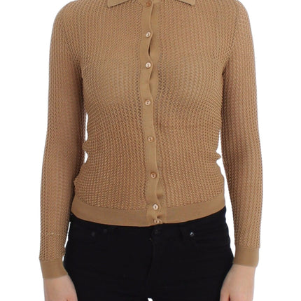 Beige Knitted Cotton Polo Cardigan Sweater