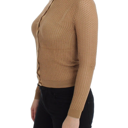 Beige Knitted Cotton Polo Cardigan Sweater