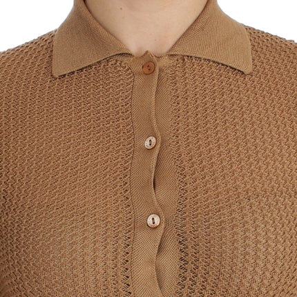 Beige Knitted Cotton Polo Cardigan Sweater