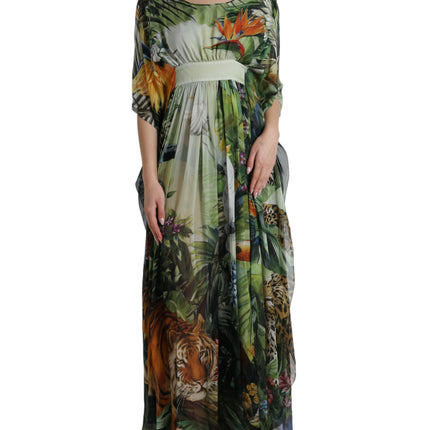 Elegante Jungle Print Maxi Silk Dress