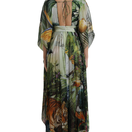 Elegante Jungle Print Maxi Silk Dress