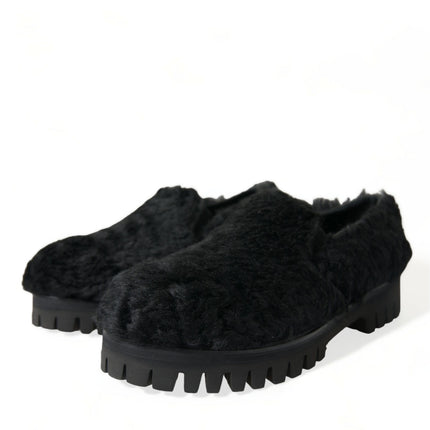 Elegant Black Fur Slip On Loafers for Men