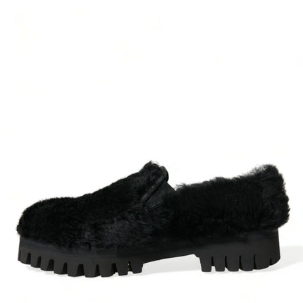 Elegant Black Fur Slip On Loafers for Men