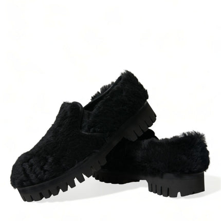 Elegant Black Fur Slip On Loafers for Men