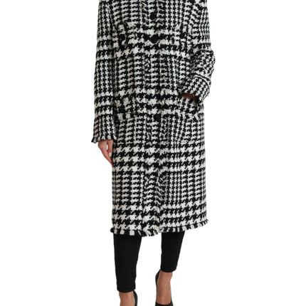 Elegant Houndstooth Long Trench Coat