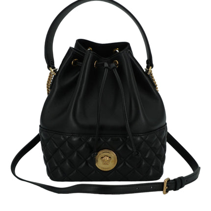 Elegant Black Leather Medusa Bucket Shoulder Bag