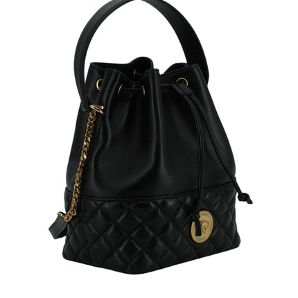 Elegant Black Leather Medusa Bucket Shoulder Bag