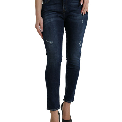 Elegant Dark Blue Mid Waist Stretch Jeans