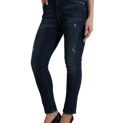 Elegant Dark Blue Mid Waist Stretch Jeans