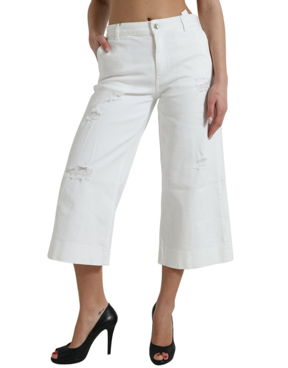 Elegante witte mid-taist denim bijgesneden jeans