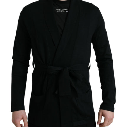 Elegant Black Cashmere Robe with Waist Belt