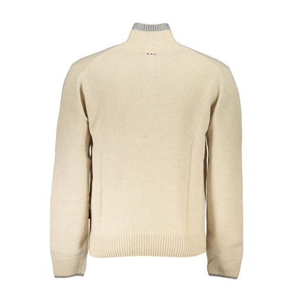 Maglione chic beige a mezzo zip con ricamo a contrasto