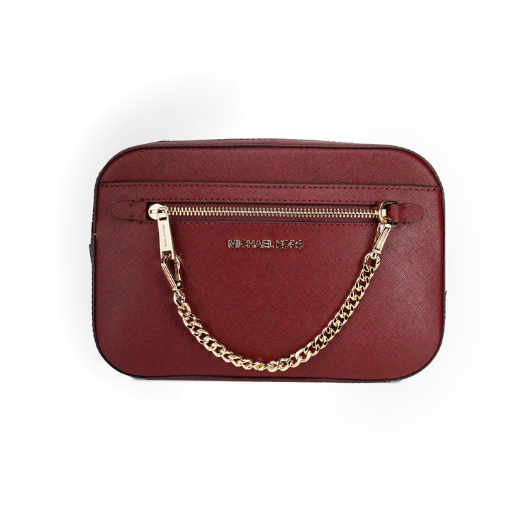 Jet Set East West Bolso Crossbody grande de piel cereza oscuro con cremallera y cadena