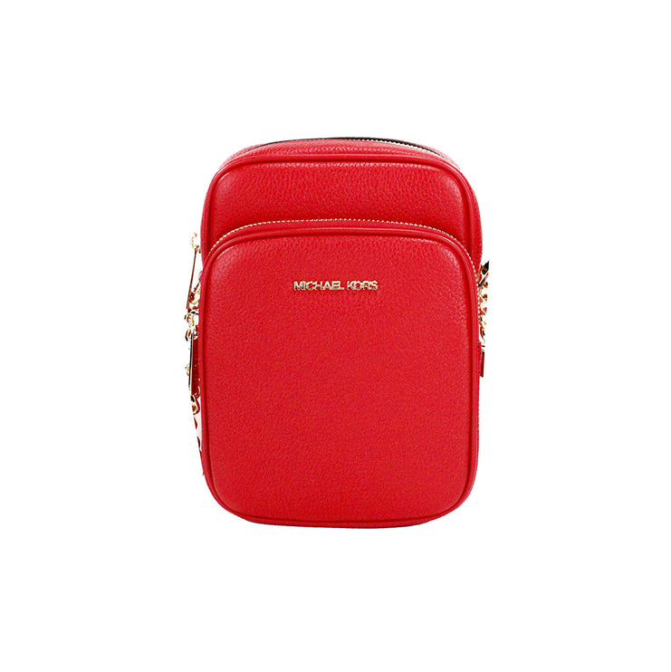 Bolso cruzado con cadena Jet Set en piel granulada rojo brillante Norte Sur