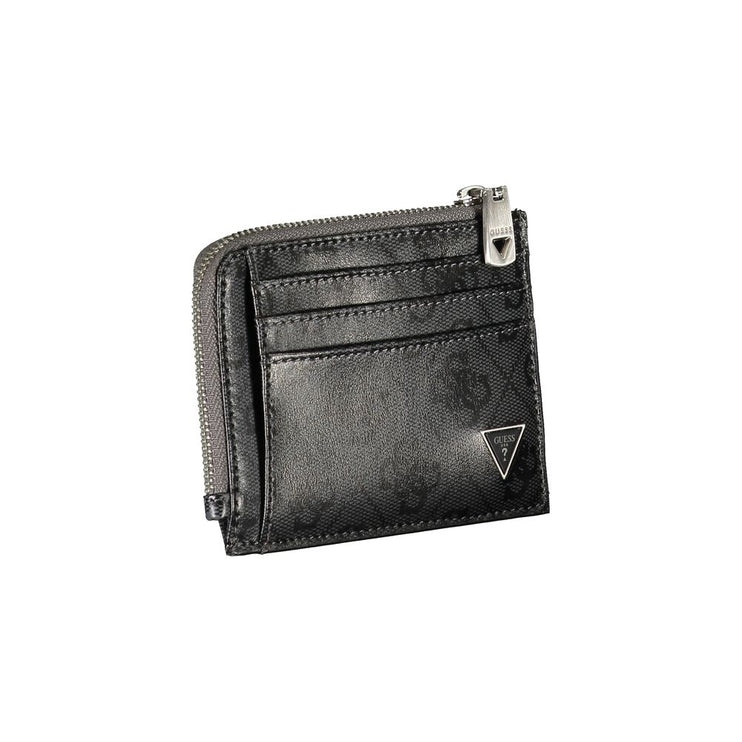 Elegante cartera de piel negra con detalles en contraste